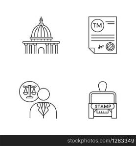 Notary services pixel perfect linear icons set. Trademark certificate. Supreme court. Lawyer. Stamp. Customizable thin line contour symbols. Isolated vector outline illustrations. Editable stroke