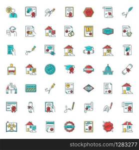 Notary services RGB color big icons set. Apostille and legalization. Notarized document. Certificate. Courthouse. Real estate litigation. License. Signature. Isolated vector illustrations