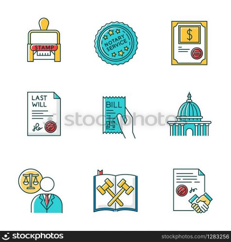 Notary services RGB color icons set. Apostille and document legalization. Stock certificate. Bill. Supreme court. Legal code. Last will. Lawyer, attorney. Contract. Isolated vector illustrations