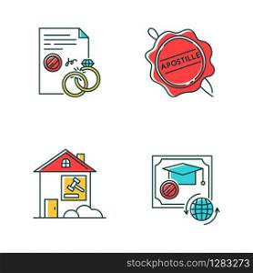 Notary services RGB color icons set. Apostille and legalization. Divorce. Diploma. Real estate litigation. Lease dipute. Wax seal. Notarized document. Isolated vector illustrations