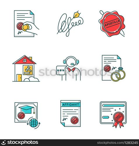 Notary services RGB color icons set. Apostille and legalization. Legal document. Certificate. License. Litigation. Affidavit. Diploma. Signature. Call center. Isolated vector illustrations