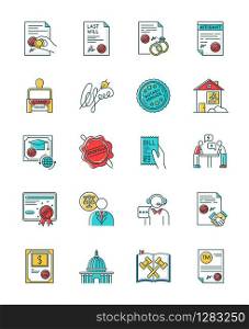 Notary services RGB color icons set. Apostille and legalization. Notarized documents. Stamps. Legal paper. Notarization. Legislature. Certificate. License. Isolated vector illustrations