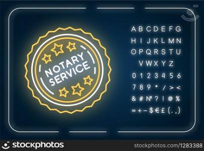 Notary services stamp mark neon light icon. Apostille and legalization. Authentification. Outer glowing effect. Sign with alphabet, numbers and symbols. Vector isolated RGB color illustration