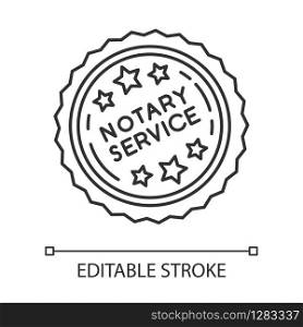 Notary services stamp mark pixel perfect linear icon. Notarization. Authentification. Validation. Thin line customizable illustration. Contour symbol. Vector isolated outline drawing. Editable stroke