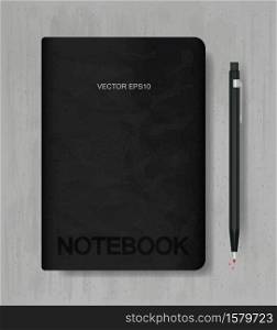 Note book and pencil on grunge concrete texture background. Vector illustration.