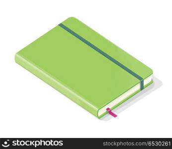 Note Book Isolated on White Background. Vector. Note book isolated on white background. Green leather notebook. Fashionable organizer for data storage. Diary icon. Book sign. Closed green book symbol. Vector illustration in flat style design