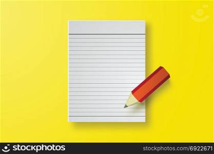 Note book paper with pencil on yellow background,sweet,cute