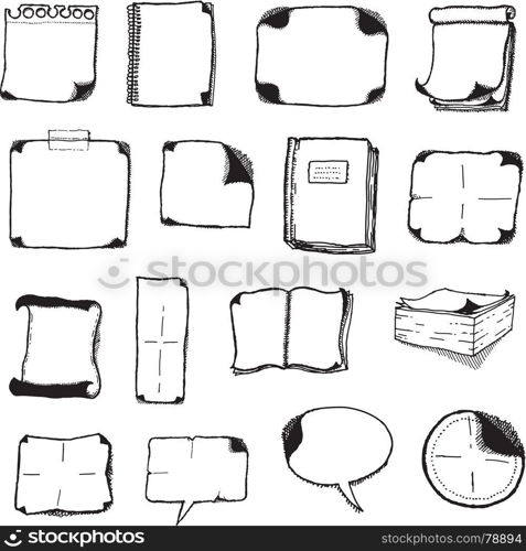 Note Pads, Speech Bubbles And Office Icons. Illustration of a set of black and white hand drawn communication and office elements, with sheets icons, books, speech bubbles and note pads