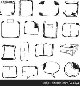 Note Pads, Speech Bubbles And Office Icons. Illustration of a set of black and white hand drawn communication and office elements, with sheets icons, books, speech bubbles and note pads