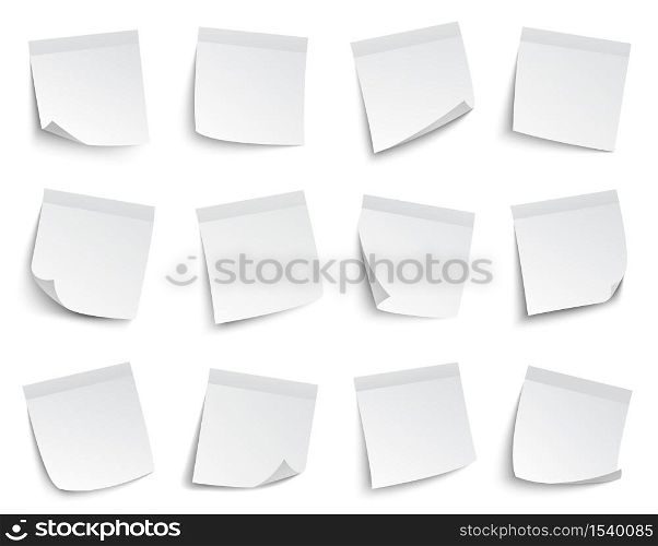 Note paper stickers. White blank memo paper notes, sticky paper sheets, business post-it notes vector illustration set. Paper note sticker blank to office post reminder. Note paper stickers. White blank memo paper notes, sticky paper sheets, business post-it notes vector illustration set