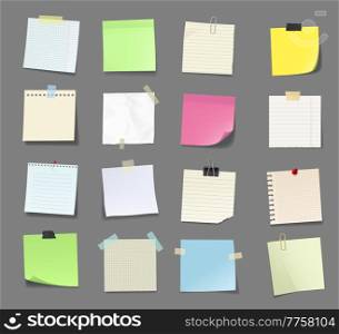 Note paper with tape and stickers, notepad and memory notice sticky sheets. To do list or memo message vector blanks, notepaper of meeting reminder, office information board with appointment notes set. Note paper with tape and stickers, notepad notice