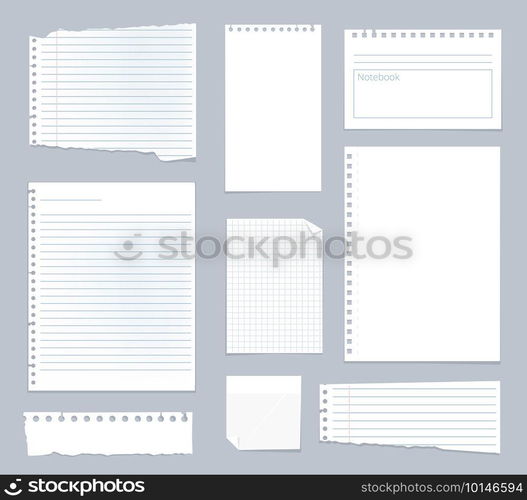 Note papers. Lined notes set stripe sheets vector notebook template. Illustration notebook paper sheet, striped page for note. Note papers. Lined notes set stripe sheets vector notebook template