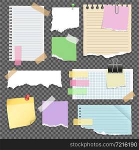 Note papers set with pins sticky bookmark clip binder and scotch on transparent background isolated vector illustration. Note Papers Set