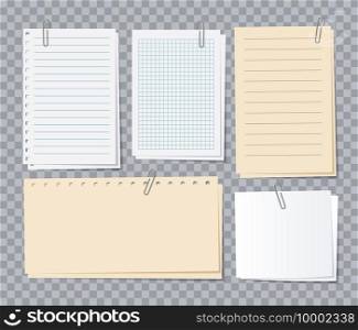 Note papers sheets. Different notepaper with paper clips, memo stickers. Notepad for notice, appointment list of notebook vector set. Illustration memo notebook, notepad list and notepaper. Note papers sheets. Different notepaper with paper clips, memo stickers. Notepad for notice, appointment list of notebook vector set