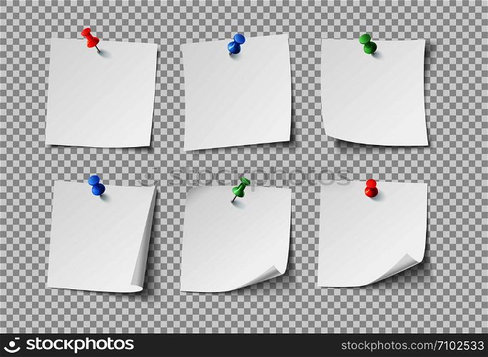 Note papers. White pin blank sticky notes with color pins post notepaper. Nobody paper organize office reminder stuck bulletin board or schedule template icons vector set isolated. Note papers. White blank sticky notes with color pins. Nobody paper vector set isolated