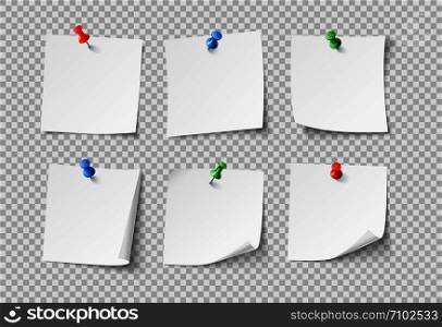 Note papers. White pin blank sticky notes with color pins post notepaper. Nobody paper organize office reminder stuck bulletin board or schedule template icons vector set isolated. Note papers. White blank sticky notes with color pins. Nobody paper vector set isolated