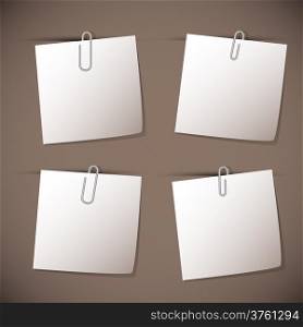 Note papers with paperclip on brown background, stock vector
