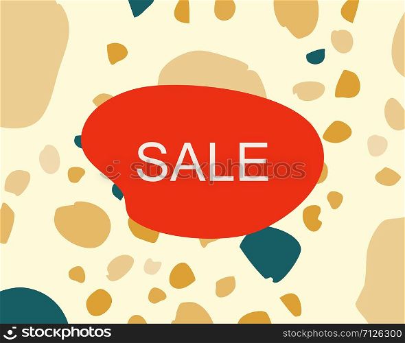 Note sale on terrazzo italian flooring seamless pattern. Chaotic stone particles in mustard and teal color. Banner, poster, card vector illustration.. Note sale on terrazzo italian flooring seamless pattern