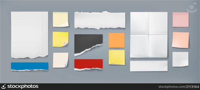 Note sheet. Realistic color notepad page with torn edges, blank office stationery sticky memo paper . Vector illustrated notice sticker set information page coloured sheeted. Note sheet. Realistic color notepad page with torn edges, blank office stationery sticky memo paper mockup. Vector notice sticker set
