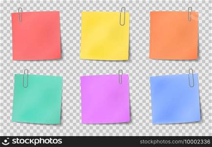 Note sticky. Color paper notes attached by metallic paper clips, information noticeboard, important memo message realistic vector set. Illustration paper note blank, colored sticky office paper. Note sticky. Color paper notes attached by metallic paper clips, information noticeboard, important memo message realistic vector set