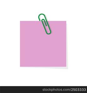 Note with paper clip. Paperclip with note memo. Color notepaper with paperclip for reminder in school, office and home. Metal pin on paper with shadow. Blank label for announcement. Vector.