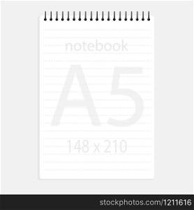 notebook a5 148x210. Realistic white blank notepad paper page template with dashed lines. Mockup cover for business memo diary and empty sketchbook with spirals.