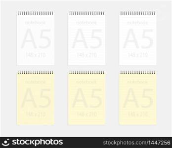 notebook a5 148x210 set. Realistic white and yellow blank notepad paper page template with dashed and squared lines. Mock up cover for business memo diary and empty sketchbook with spirals.