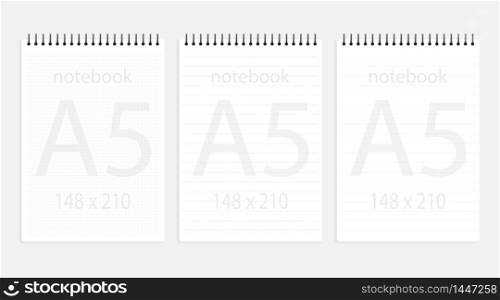 notebook a5 148x210 set. Realistic white blank notepad paper page template with dashed and squared lines. Mock up cover for business memo diary and empty sketchbook with spirals.