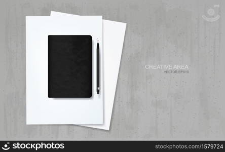 Notebook and pencil on white paper sheet with grunge concrete texture background. Vector illustration.