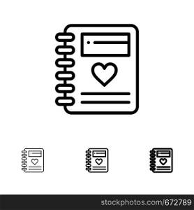 Notebook, Love, Heart, Wedding Bold and thin black line icon set