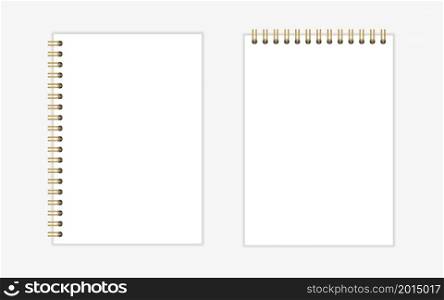 Notebook mockup A4 with gold spiral. Wire bound blank paper note book template. Vertical, horizontal sheets with gold spiral binding. Vector illustration isolated on realistic style on background.. Notebook mockup A4 with gold spiral. Wire bound blank paper note book template. Vertical, horizontal sheets with gold spiral binding. Vector illustration isolated on realistic style on background