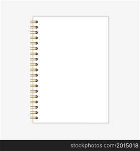 Notebook mockup with gold spiral. Wire bound blank paper note book template. Vertical A4 sheets with gold spiral binding. Vector illustration isolated on realistic style on light background.. Notebook mockup with gold spiral. Wire bound blank paper note book template. Vertical A4 sheets with gold spiral binding. Vector illustration isolated on realistic style on light background