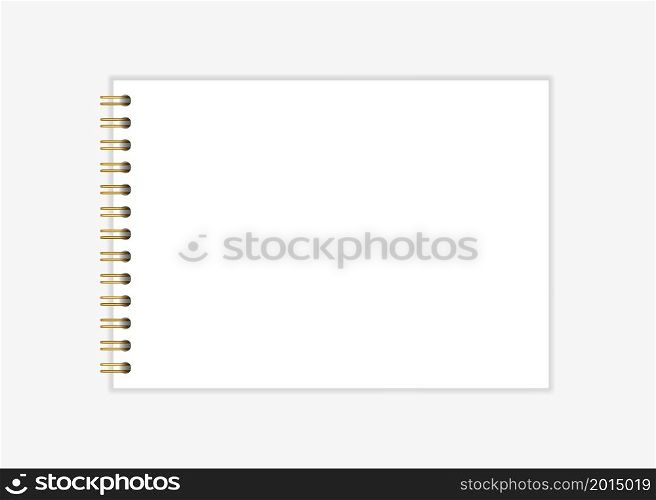 Notebook mockup with gold spiral. Wire bound blank paper note book template. Horizontal A4 sheets with gold spiral binding. Vector illustration isolated on realistic style on light background.. Notebook mockup with gold spiral. Wire bound blank paper note book template. Horizontal A4 sheets with gold spiral binding. Vector illustration isolated on realistic style on light background