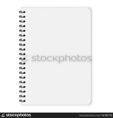 Notebook on a spiral. Blank notepad in mocap style. Book bound by rings. White planner made of paper. Vector image.