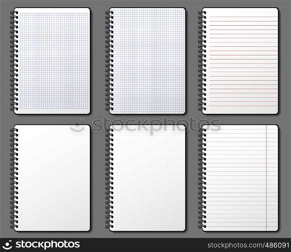 Notebook page. Lined and dotted pages, notebooks binded on metal spiral and padded sheet mockup template. Diary sheet or school education notebook. Vector 3D realistic isolated icons illustration set. Notebook page. Lined and dotted pages, notebooks binded on metal spiral and padded sheet mockup template vector illustration set