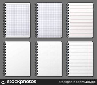 Notebook page. Lined and dotted pages, notebooks binded on metal spiral and padded sheet mockup template. Diary sheet or school education notebook. Vector 3D realistic isolated icons illustration set. Notebook page. Lined and dotted pages, notebooks binded on metal spiral and padded sheet mockup template vector illustration set