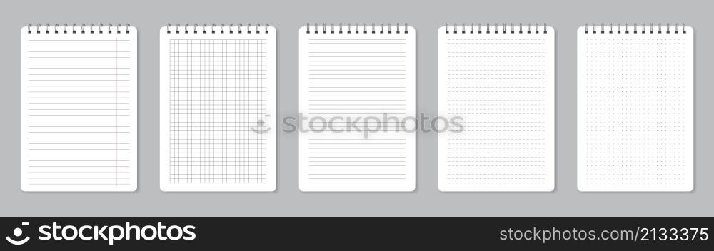 Notebook pages with wire binding, realistic lined paper sheets. Empty school notepad page, memo note sheets with spiral binders vector set. Lined and squared pages for planner or organizer. Notebook pages with wire binding, realistic lined paper sheets. Empty school notepad page, memo note sheets with spiral binders vector set