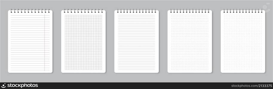 Notebook pages with wire binding, realistic lined paper sheets. Empty school notepad page, memo note sheets with spiral binders vector set. Lined and squared pages for planner or organizer. Notebook pages with wire binding, realistic lined paper sheets. Empty school notepad page, memo note sheets with spiral binders vector set