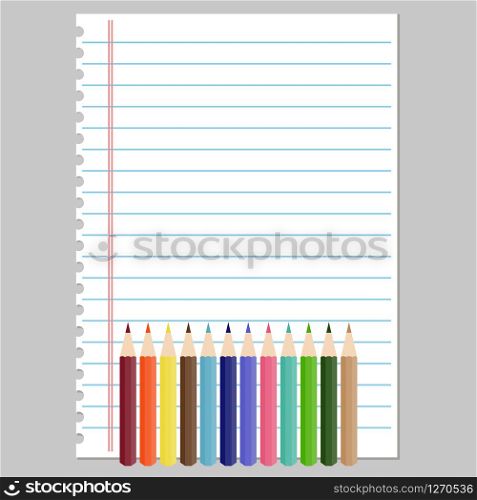 Notebook paper and color pencils. Vector illustration