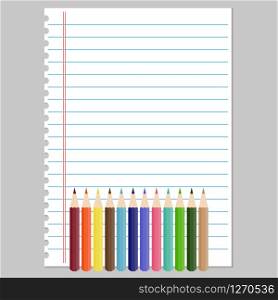 Notebook paper and color pencils. Vector illustration