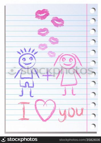 Notebook paper sheet with lips imprint and girl with boy fall in love