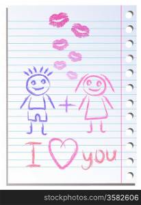 Notebook paper sheet with lips imprint and girl with boy fall in love