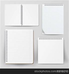 Notebook Set With Coil Spiral. Vector Spiral Notepad. Clean Mock Up For Your Design. Vector illustration. Spiral Empty Notepad Blank Mockup Set. Template For Advertising Branding, Corporate Identity. 3D Realistic Notebook Mockup. Blank Notebook With Clean Cover