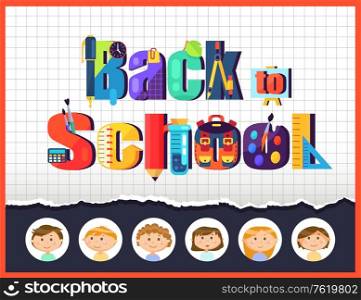 Notebook sheet and stationery, pupils children, back to school vector. Pencil and clipper, plant leaf and divider, easel and brush, calculator and flask, schoolboy and schoolgirl. Back to School, Pupils Children and Stationery