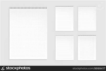 Notebook sheets, blank pages with lines, dots and checks. Memo pads, daily planner templates, notepad empty paper with binder spiral isolated on white background. Realistic 3d vector illustration, set. Notebook sheets.pages with lines, dots and checks.