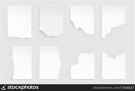 Notebook sheets with torn edges. Ragged lined and checkered blank pages for memo and daily planner empty notepad papers pieces isolated on white background. Realistic 3d vector illustration, set. Notebook sheets with torn edge. Ragged blank pages