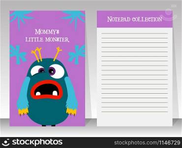Notebook template for teenagers with cartoon monster, vector illustration. Notebook for teenagers with monster