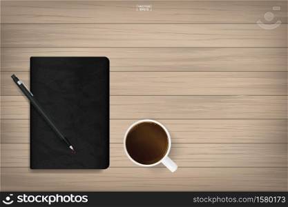 Notebook with black cover texture and coffee cup on wood background. Vector illustration.