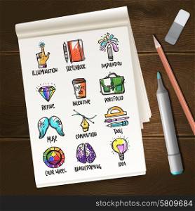 Notebook with creative process sketches icons and pencil on table vector illustration. Notebook With Creative Process Sketches