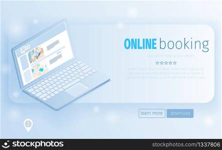 Notebook with Hotel Rooms Offers on Screen Isometric Vector Illustration. Booking Apartment Online Agency Concept for Website Landing Page. Internet Reservation Service Technology Vacation Trip. Notebook with Hotel Room Offer Screen Illustration
